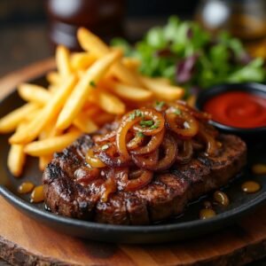 Rib eye Steak with Veggies and French fries