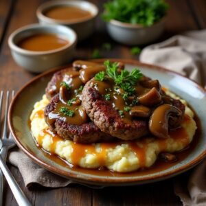 Texas Beef Patties with mashed potato and mushroom sauce